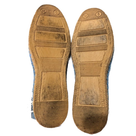 DOPPIO Italy Womens Flats 8 Blue Crochet Denim Cream Pom Pom Espadrilles Slip On - Picture 8 of 10